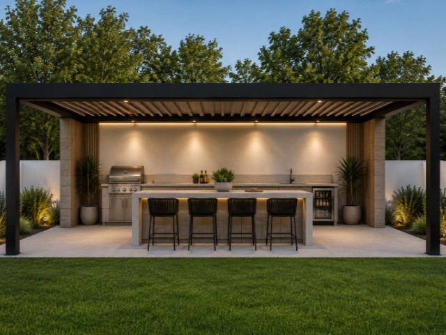 Pérgola bioclimática negra con cocina de verano, barbacoa y barra con taburetes en el jardín de Residencial Essència Moja al atardecer