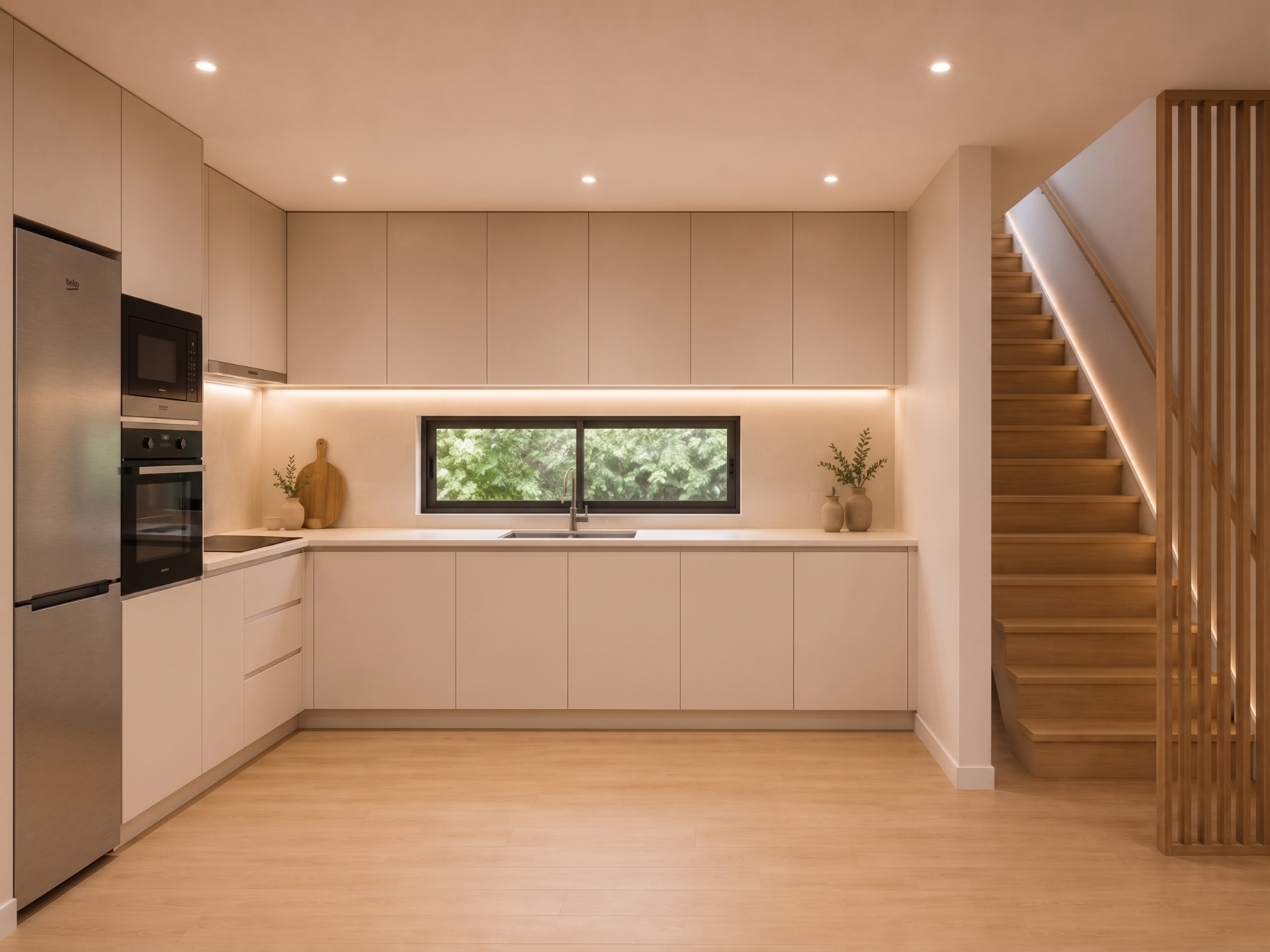Cocina moderna de Residencial Essència Moja con muebles blancos, electrodomésticos encastrados, suelo de roble y vistas al jardín