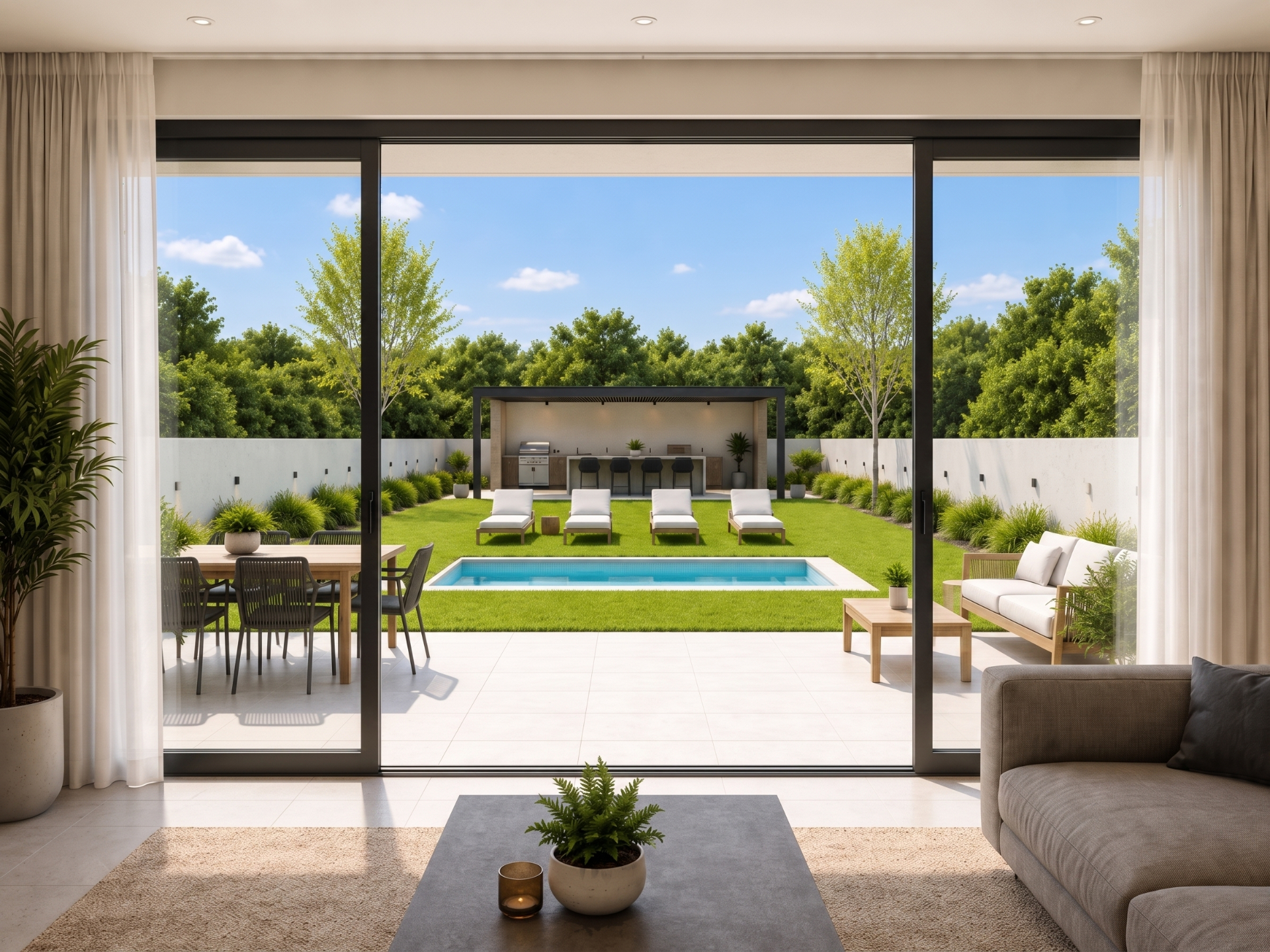 Salón-comedor diáfano de Residencial Essència Moja con grandes ventanales correderos que se abren al jardín privado, piscina y pérgola con cocina de verano