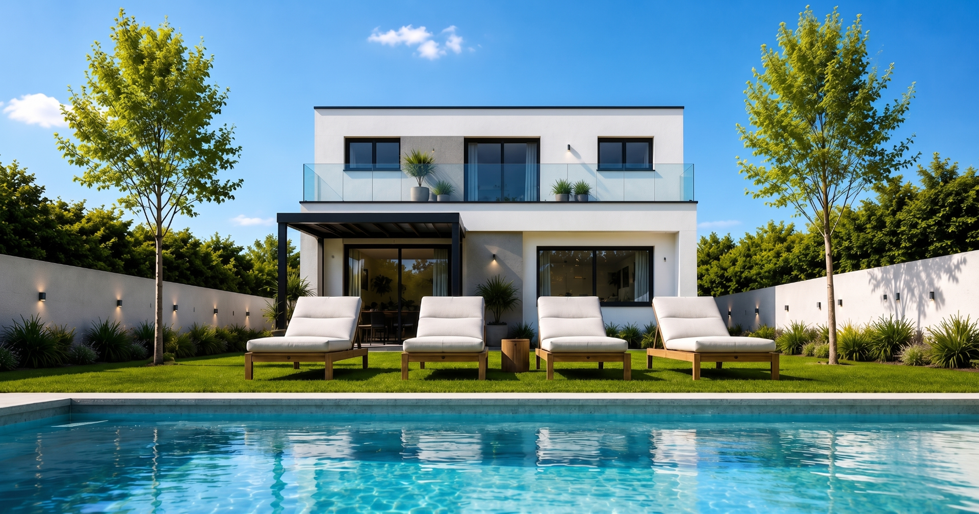 Fachada trasera de Residencial Essència Moja con piscina, tumbonas y jardín, vivienda unifamiliar de obra nueva en Moja, Olèrdola (Penedès)