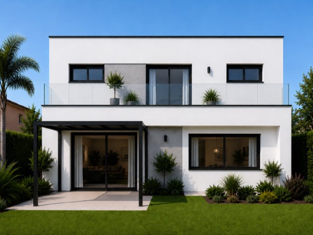 Fachada posterior de Residencial Essència Moja con pérgola negra, grandes ventanales correderos y balcón acristalado en la planta superior