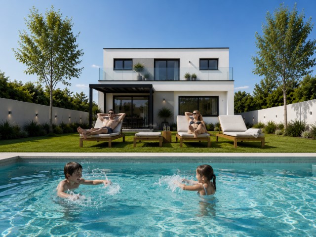 Familia disfrutando de la piscina turquesa en el jardín trasero de Residencial Essència Moja, con tumbonas de madera y setos verdes